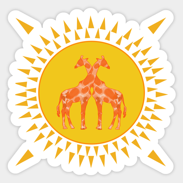 Pair of Giraffes in Orange and Gold surrounded by golden sunbeams. Hot summer colors with a jungle animal vibe. Sticker by innerspectrum